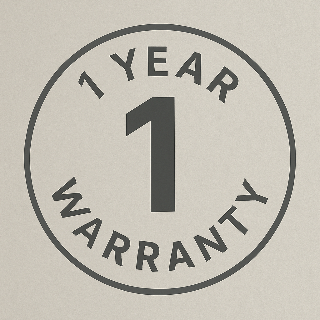 Circular logo with '1 Year Warranty' text on a beige background
